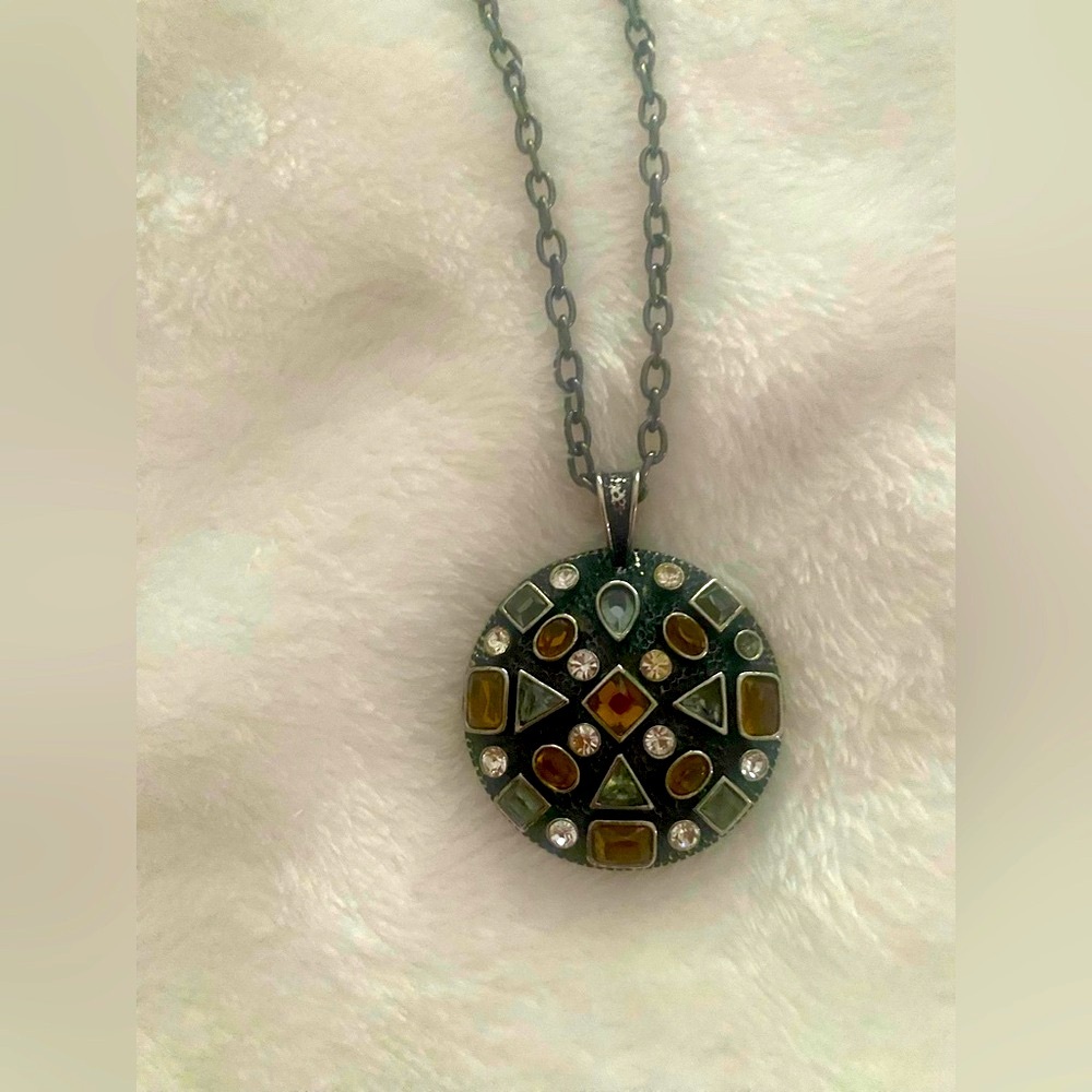 Cookie Lee Black & Silver Circular Pendant Necklace with Black Stainless Chain